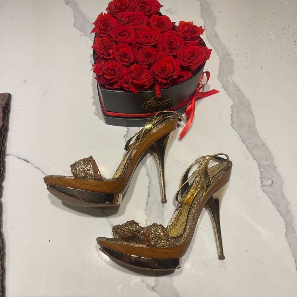 Claudio Merazzi Gold Snake Print Embellished Heels — Luxury Statement Sandals